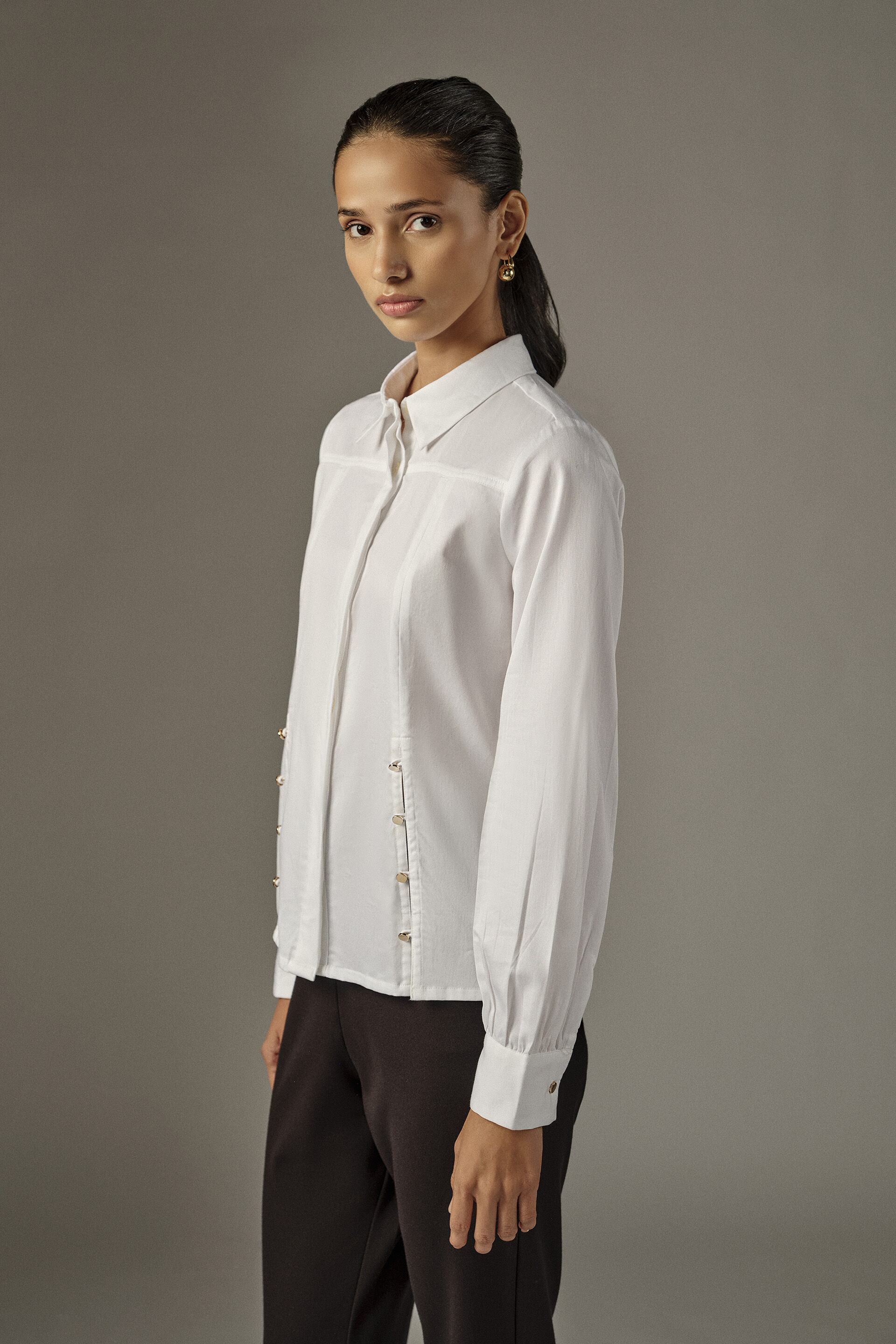 Button-Detail Cotton Shirt, White, image 5